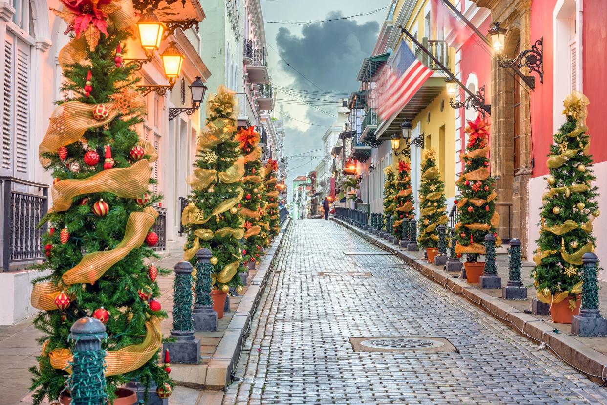 street in san juan decorated with christmas trees