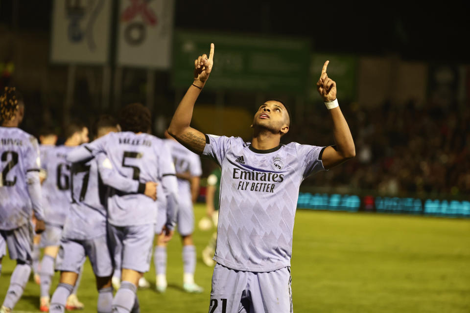 Real Madrid's Rodrygo celebrates after scoring the opening goal during a Spanish Copa del Rey round of 32 soccer match between Cacereno and Real Madrid at the Principe Felipe stadium in Caceres, Spain, Tuesday Jan. 3, 2023. (AP Photo/Pablo Garcia)