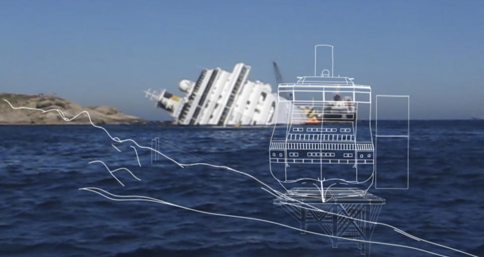 A picture made available by Costa press office, Friday, May 18, 2012, showing a simulation of the recovery of the Costa Concordia cruise ship. The head of a U.S.-owned marine salvage company chosen to remove the wreck of the Costa Concordia cruise ship from the waters off Tuscany is predicting the vessel will be ready for towing by early next year. Thirty-two people perished when the Concordia slammed into a reef off Giglio on Jan. 13. The Concordia's captain is under house arrest while being investigated for alleged manslaughter and abandoning ship during evacuation. (AP Photo/Costa Press Office)