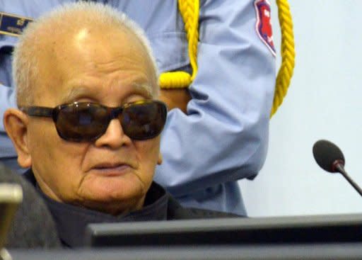 This photo, released by the Extraordinary Chamber in the Courts of Cambodia (ECCC) on January 10, shows former Khmer Rouge leader "Brother Number Two" Nuon Chea sitting in the courtroom in Phnom Penh