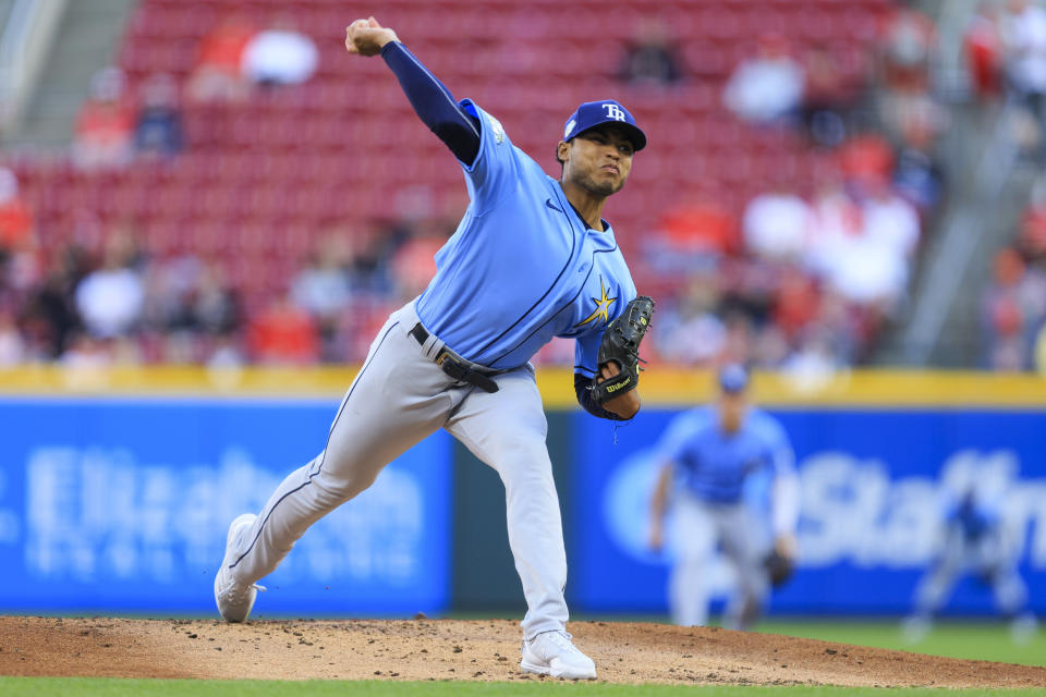 Tampa Bay Rays' Taj Bradley throws during the first inning of the team's baseball game against the Cincinnati Reds in Cincinnati, Tuesday, April 18, 2023. (AP Photo/Aaron Doster)