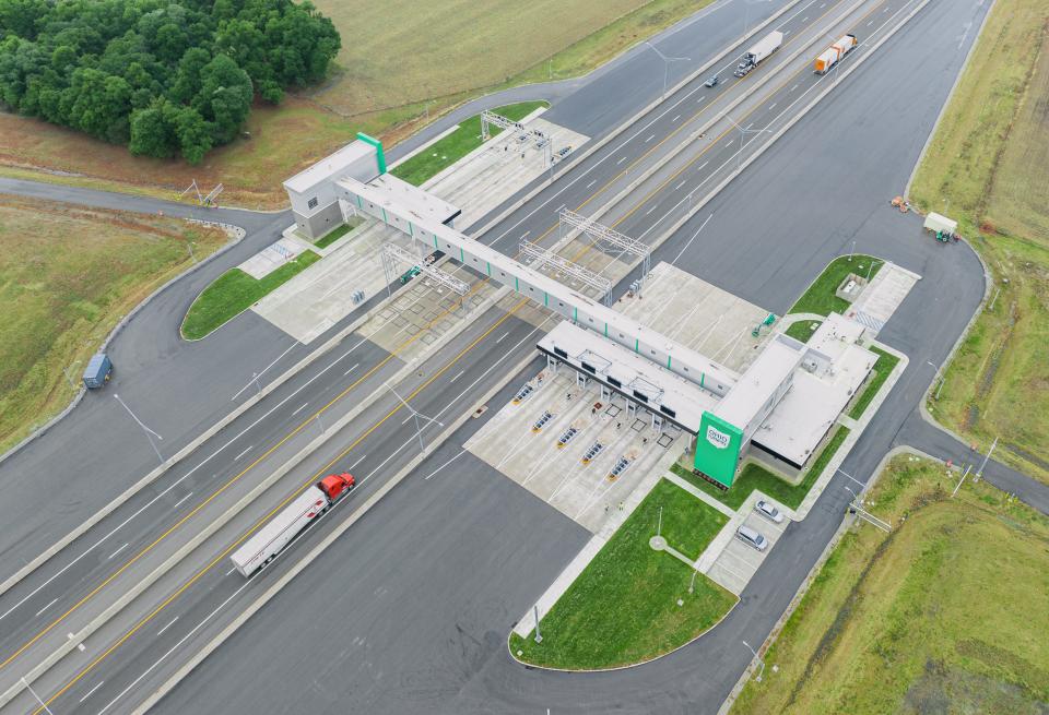 The construction of Swanton Toll Plaza at mile 49 in Lucas County was completed in 2021 and is currently undergoing testing. Two high-speed E-ZPass lanes in either direction are located in the center of the plaza, as pictured in this artist's rendering.