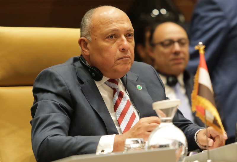 Egyptian Foreign Minister Sameh Shoukry attends a meeting with foreign Ministers and officials from countries neighbouring Libya to discuss the conflict in Libya, in Algiers