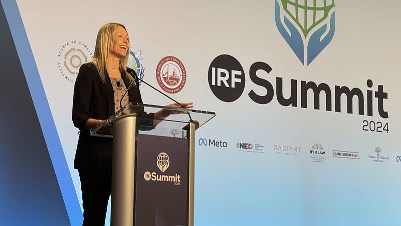 Angela Redding, executive director of the Radiant Foundation, speaks during the fourth annual IRF Summit on international religious freedom at the Washington Hilton in Washington, D.C., on Wednesday, Jan. 31, 2024.