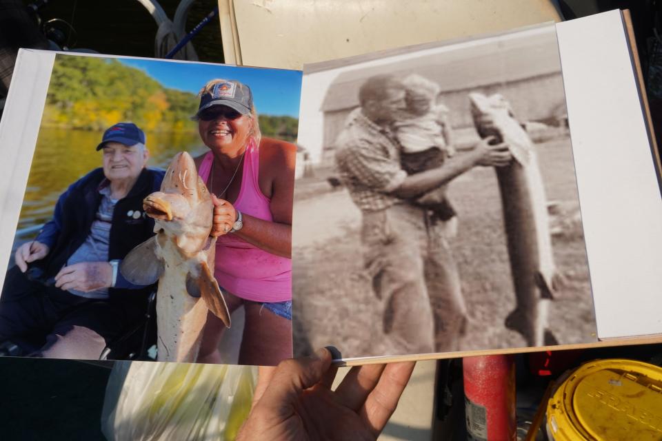 Roxanne Komanec of Bloomer shows a book with sturgeon fishing photos of her and her father Jerry Riegert taken in 1965 (right) and 2020.