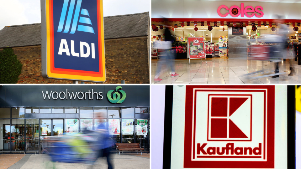 Supermarkets Aldi, Coles, Kaufland and Woolworths. Images: Getty