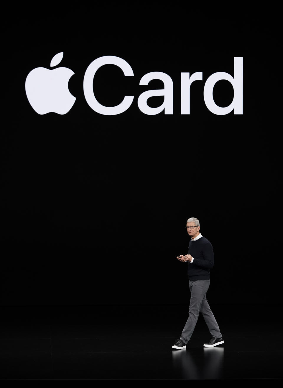 Apple CEO Tim Cook speaks at the Steve Jobs Theater during an event to announce new products Monday, March 25, 2019, in Cupertino, Calif. (AP Photo/Tony Avelar)
