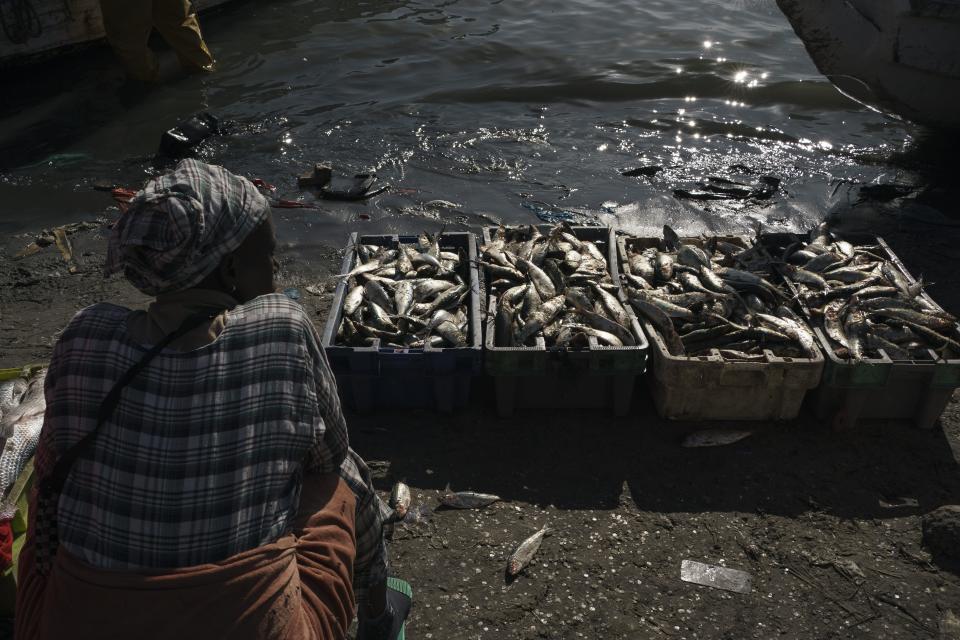 A woman sits next to crates filled with fish as she works at the shore of the Senegal River in Saint Louis, Senegal, Friday, Jan. 20, 2023. Fishing has long been the community's lifeblood, but the industry was struggling with climate change and COVID-19. (AP Photo/Leo Correa)