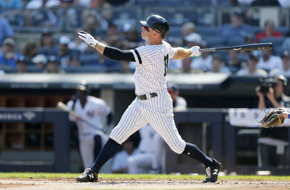 NEW YORK, NEW YORK - SEPTEMBER 22:   Brett Gardner #11 of the New York Yankees follows through on his first inning three run home run against the Toronto Blue Jays at Yankee Stadium on September 22, 2019 in New York City. (Photo by Jim McIsaac/Getty Images)