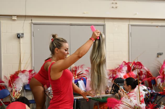 Dancers at the Paraiso School of Samba prepare to join the Carnival parade. (Photo: Clara Watt for HuffPost)