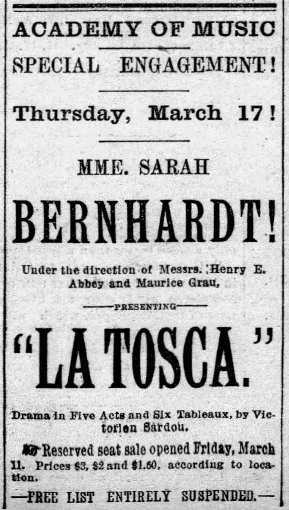 The Academy of Music advertises Sarah Bernhardt's appearance in 1892.