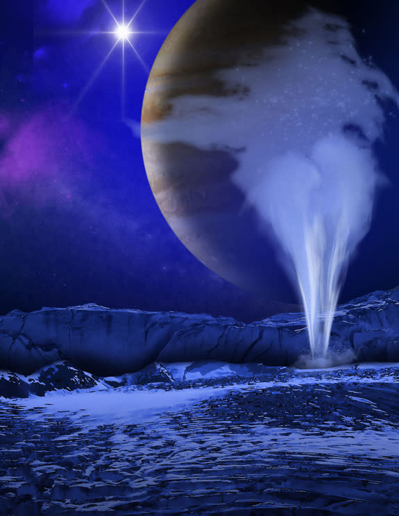 An artist's illustration of Jupiter's icy moon Europa, with a water geyser erupting in the foreground while Jupiter appears as a backdrop. Images from the Hubble Space Telescope suggest Europa may have water plumes like Saturn's moon Enceladus.