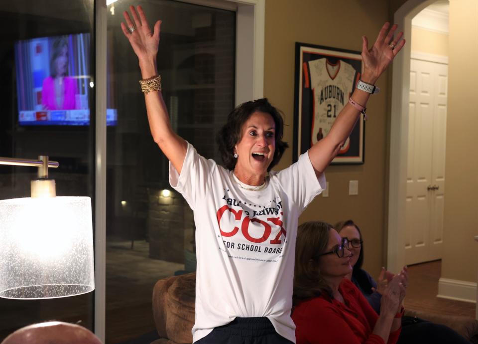 Laurie Cox celebrates winning the Leon County School Board District 4 seat at at her house on Election Day, Nov. 8, 2022.