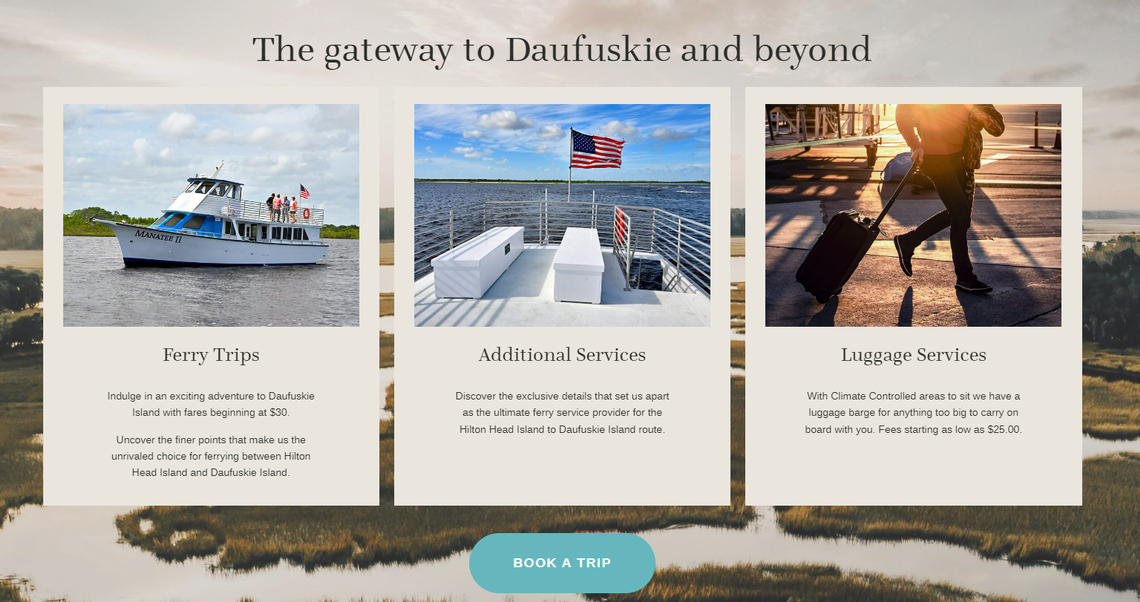 This screenshot of Lowcountry Ferry’s website shows the Manatee II in the far left photo. That boat is set to replace the temporary catamarans, according to operator Neil Turner. Mary Dimitrov