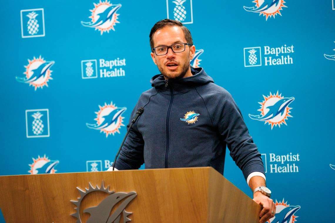 Miami Dolphins head coach Mike McDaniel speaks to reporters before the NFL football team’s organized team activities at Baptist Health Training Complex in Hard Rock Stadium on Tuesday, May 24, 2022 in Miami Gardens, Florida, in preparation for their 2022-23 NFL season.