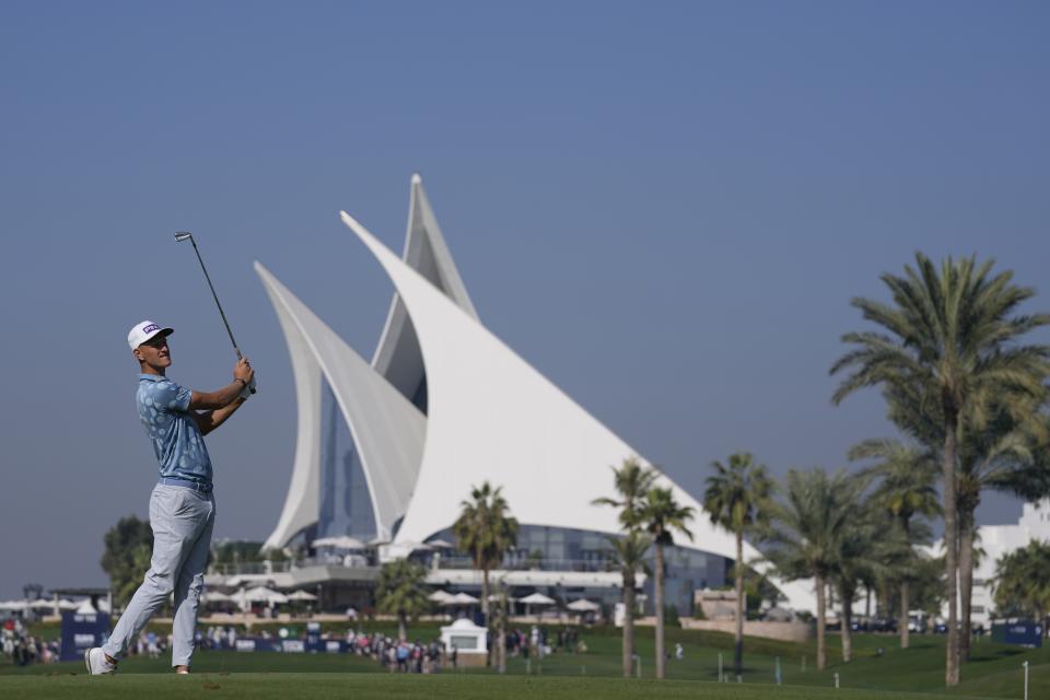 Adrian Meronk of Poland plays his second shot on the 1st hole during the second round of Dubai Invitational golf tournament, in Dubai, United Arab Emirates, Friday, Jan. 12, 2024. (AP Photo/Kamran Jebreili)