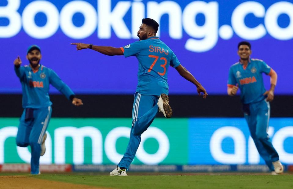 India's Mohammed Siraj celebrates after taking the wicket of Sri Lanka's Sadeera Samarawickrama, caught by Shreyas Iyer  (REUTERS)