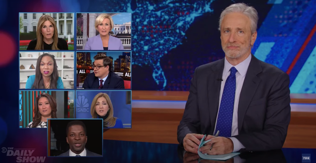 Jon Stewart on Monday night slammed the media for devoting so much coverage to Donald Trump’s hush money trial (The Daily Show)