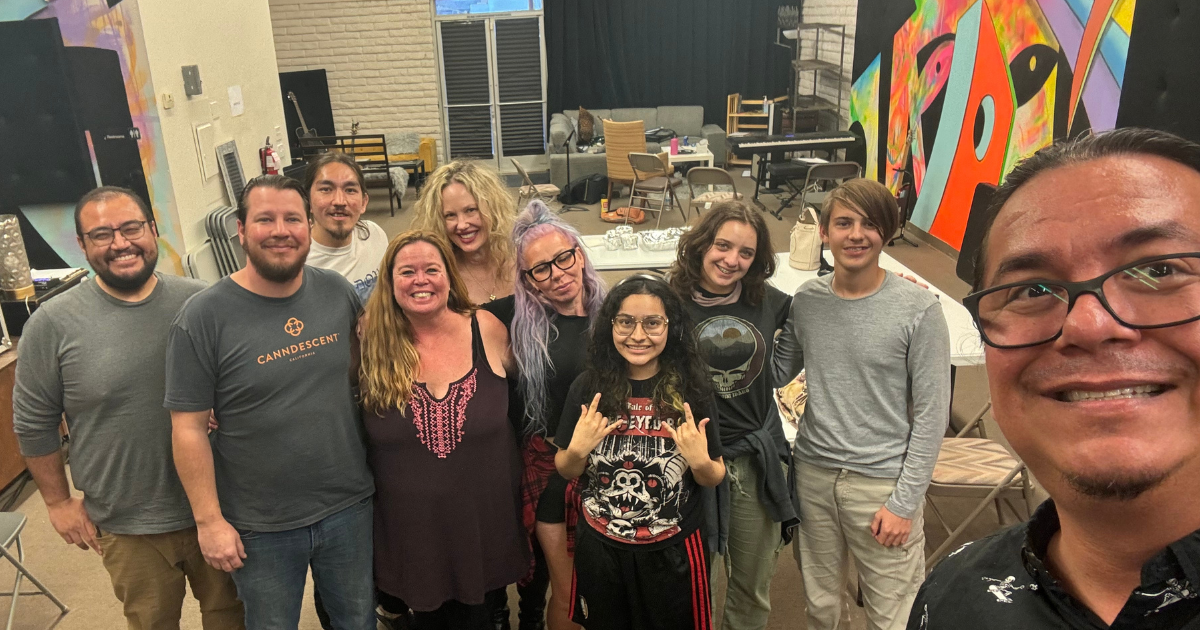 Joshua Garcia, Jeremy Goodlander, Krystofer Do, Courtney Chambers, Karla Anderson, Chelsea Sugarbritches, Emily Heinsley, Anika Arnold, Liam Rhoades and Armando Flores participate in the The Academy of Musical Performance's Songwriter Workshop.