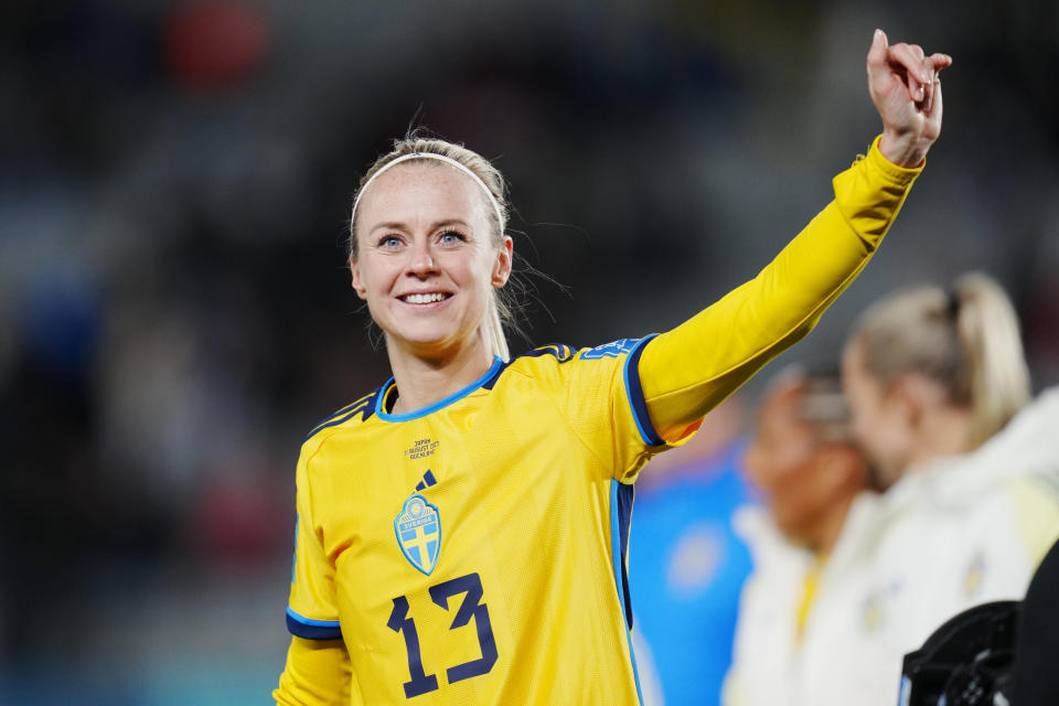 Sweden's Amanda Ilestedt celebrates at the end of the Women's World Cup quarterfinal soccer match between Japan and Sweden at Eden Park in Auckland, New Zealand, Friday, Aug. 11, 2023. Sweden won 2-1. (AP Photo/Abbie Parr)