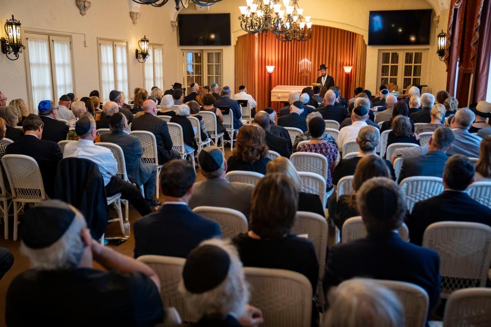 Rabbi Daniel Wolnerman speaks during a funeral for his grandfather David Wolnerman, Tuesday, Sept. 5, 2023. David Wolnerman was Des Moines' last known survivor of the Holocaust and one of the few remaining in Iowa. He died Monday.