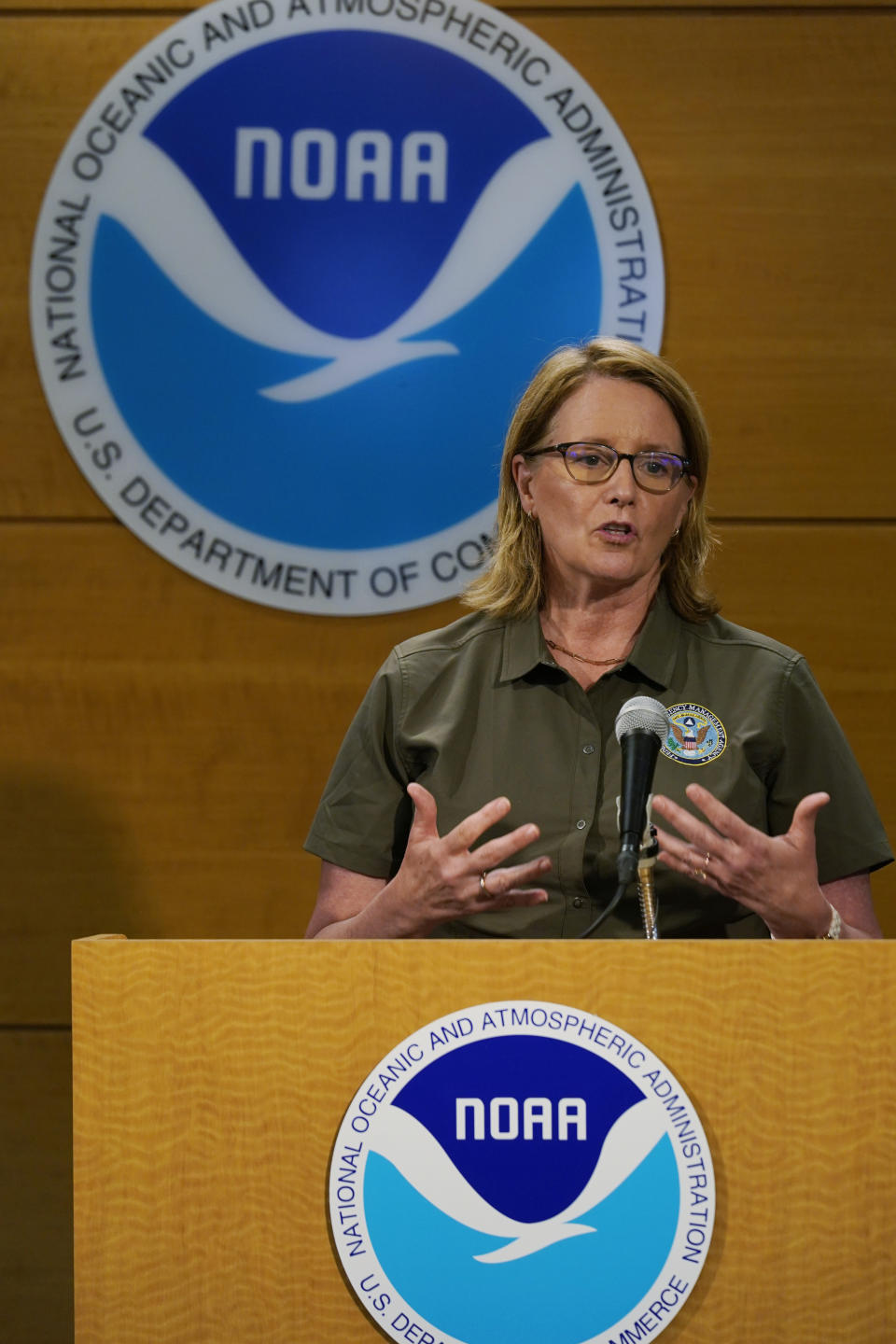 FEMA Director Deanne Criswell speaks during a news conference, Wednesday, May 31, 2023, in Miami. Criswell and Mike Brennan, Director of the National Hurricane Center, discussed preparedness for hurricane season, which begins June 1. (AP Photo/Marta Lavandier)