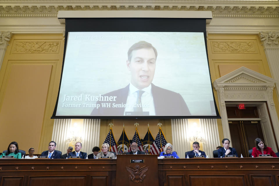 A video showing former White House Senior Advisor Jared Kushner speaking during an interview with the Jan. 6 Committee is shown at the House select committee investigating the Jan. 6 attack on the U.S. Capitol, hearing Thursday, June 9, 2022, on Capitol Hill in Washington. (AP Photo/Andrew Harnik)