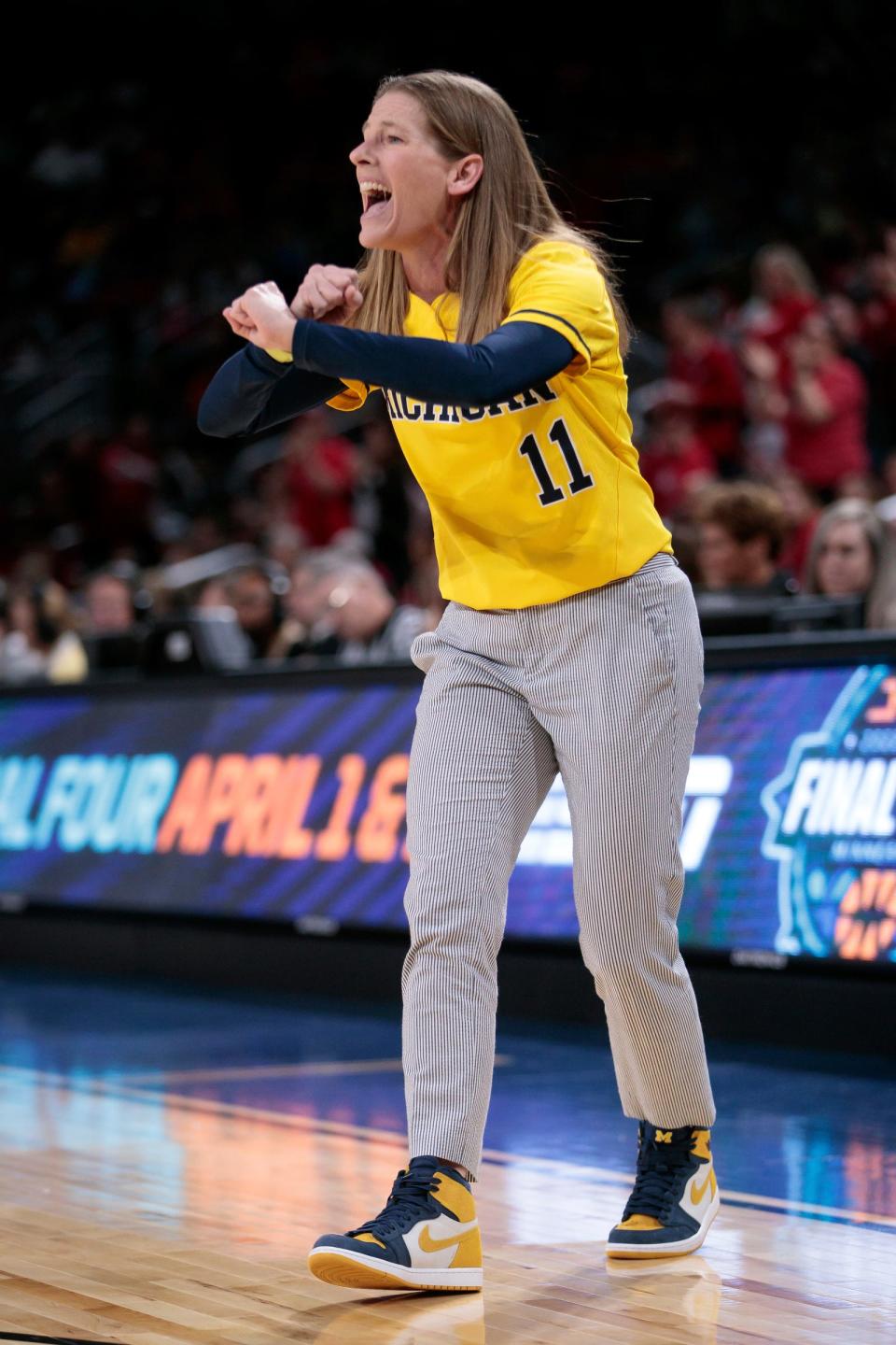 Michigan Wolverines coach Kim Barnes Arico gives directions during the game against the South Dakota Coyotes in the Wichita regional semifinals of the women's college basketball NCAA Tournament at INTRUST Bank Arena.