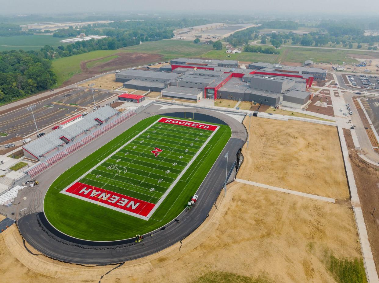 An aerial views shows the artificial turf field at Neenah High School in Fox Crossing.