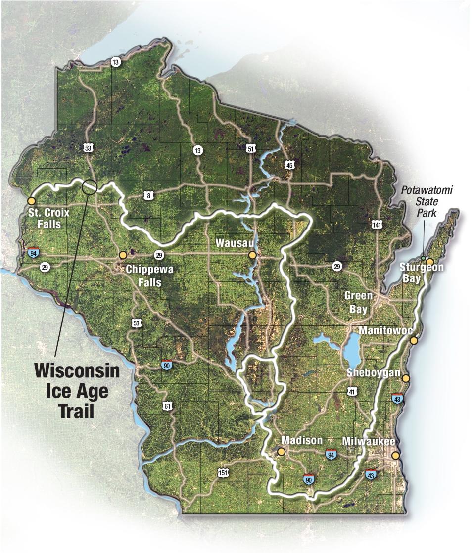 The Ice Age Trail stretches through Wisconsin for nearly 1,200 miles, from its western terminus in St. Croix Falls to its eastern terminus in Sturgeon Bay.