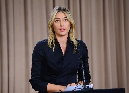 Maria Sharapova speaks to the media announcing a failed drug test after the Australian Open during a press conference today at The LA Hotel Downtown- 14/4/2016. Mandatory Credit: Jayne Kamin-Oncea-USA TODAY Sports