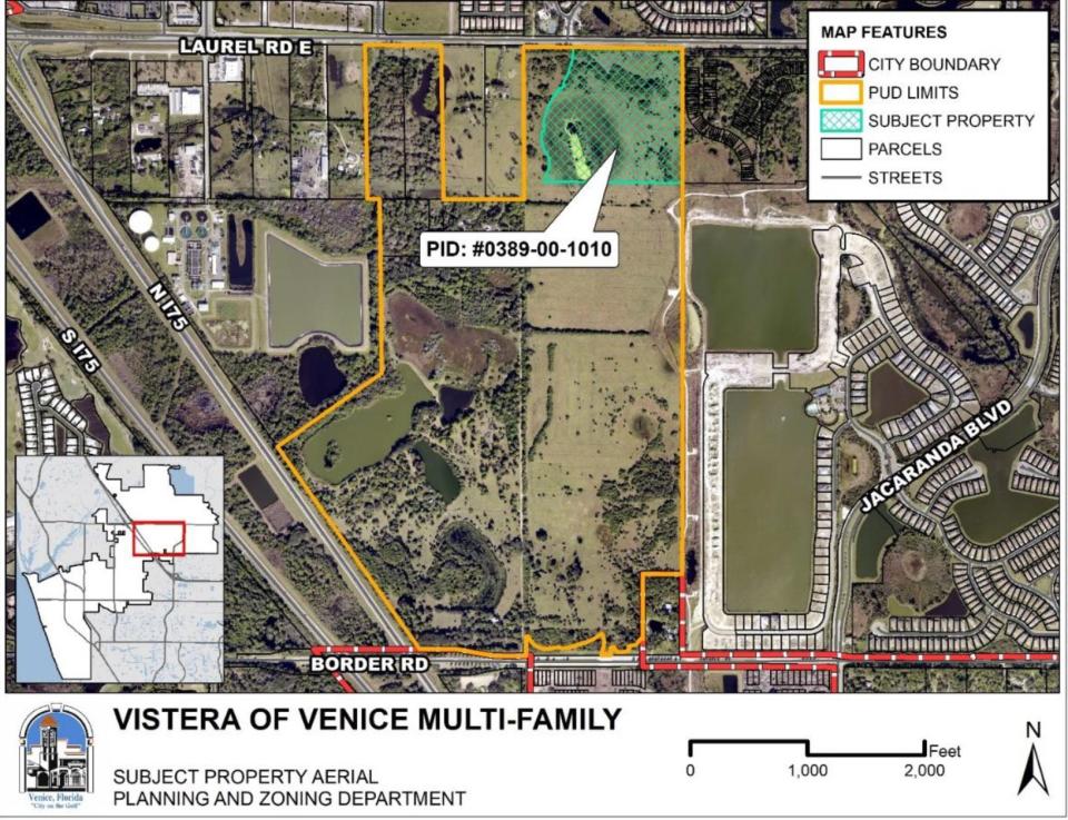 This aerial map shows the location of the proposed multi-family development in the Vistera planned-unit development.