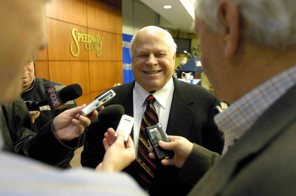 Charlotte Motor Speedway owner Bruton Smith laughs as he answers a question in 2007.