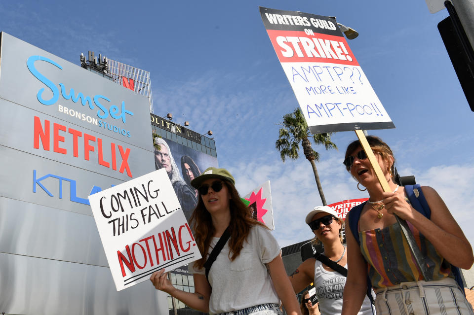 Members of the Screen Actors Guild walk a picket line outside of Netflix in Los Angeles, California, on July 17, 2023. Tens of thousands of Hollywood actors went on strike at midnight July 13, 2023, effectively bringing the giant movie and television business to a halt as they join writers in the first industry-wide walkout for 63 years. (Photo by VALERIE MACON / AFP)