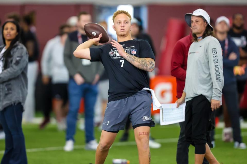 South Carolina Gamecocks quarterback Spencer Rattler (7) passes during USC’s Pro Day March 12, 2024.