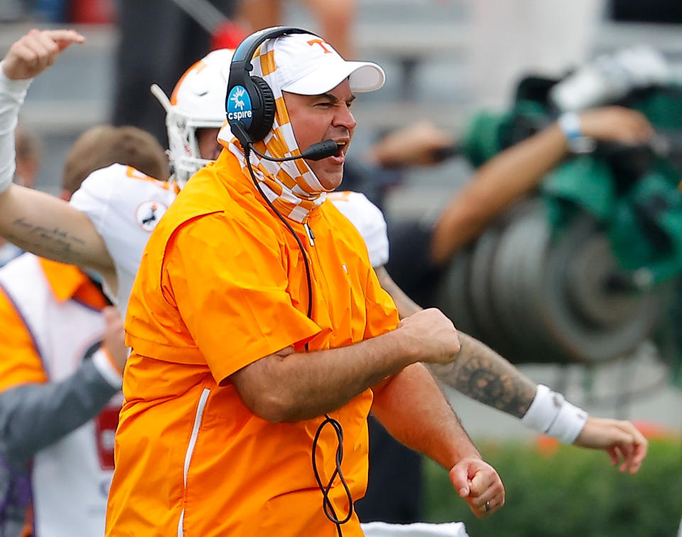 Tennessee coach Jeremy Pruitt reacts to a touchdown against Georgia on Oct. 10, 2020 in Athens, Georgia. (Kevin C. Cox/Getty Images)