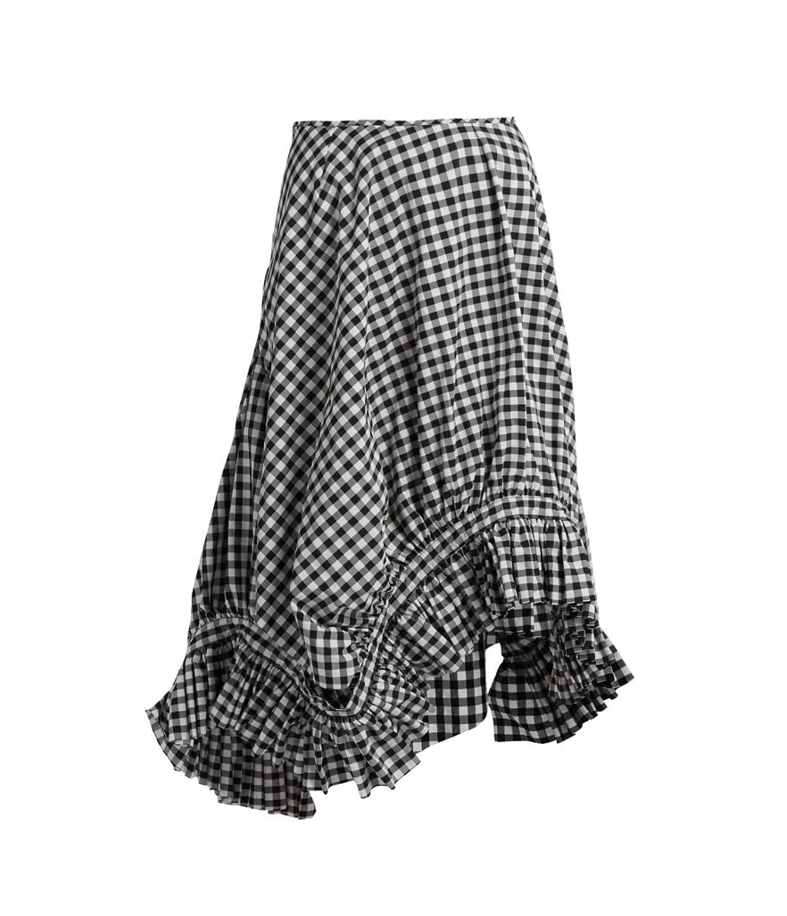 <p>Ruffle trim gingham midi skirt, $354, matchesfashion.com </p>
