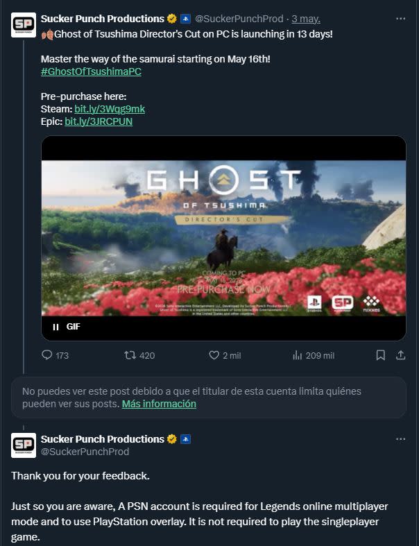 No necesitarás una cuenta de PSN para jugar Ghost of Tsushima Director's Cut en PC