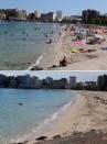 FILE PHOTO: A combination photo shows tourists on the beach of Son Matias and the beach empty during the coronavirus disease (COVID-19) outbreak in Magaluf