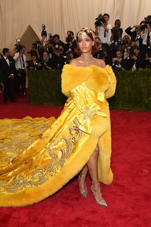 Rihanna yellow MET Ball cape dress 2015