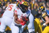 Oct 20, 2018; Iowa City, IA, USA; Maryland Terrapins defensive back Marcus Lewis (8) runs the ball against the Iowa Hawkeyes during the first quarter at Kinnick Stadium. Mandatory Credit: Jeffrey Becker-USA TODAY Sports