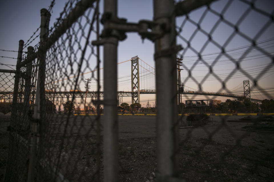 The Ambassador Bridge, which connects Detroit, Michigan to Windsor, Ontario, Canada.