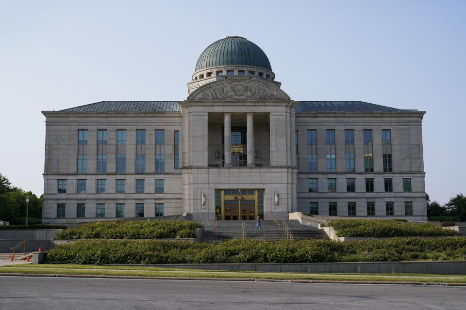 FILE - The Iowa Judicial Branch Building is shown, June 16, 2023, in Des Moines, Iowa. The Iowa Supreme Court reversed a lower court ruling that put a temporary block on the state’s strict abortion law, Friday, June 28, 2024, and is telling the lower court to let the law take effect. The new law bans most abortions after about six weeks of pregnancy and before many women know they are pregnant. (AP Photo/Charlie Neibergall, File)