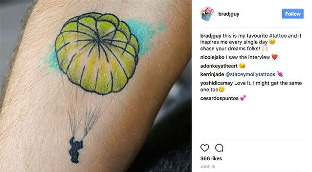 Brad Guy got a parachute tattoo to remind himself of the miraculous survival. Picture: Instagram