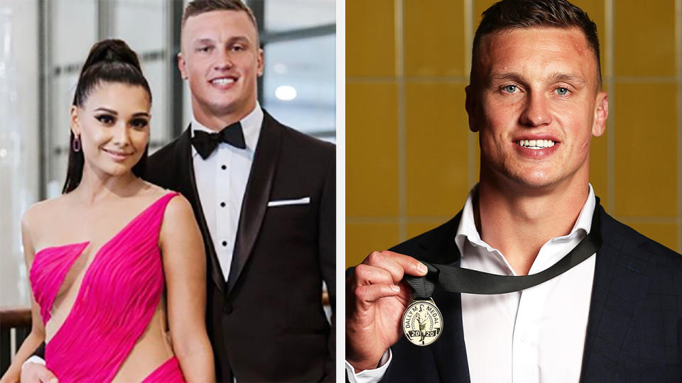 A 50-50 split image shows a shot of Monisha Lew-Fatt and Jack Wighton at the 2019 Dally M Medal on the left, and Jack Wighton after winning the 2020 medal on the right.