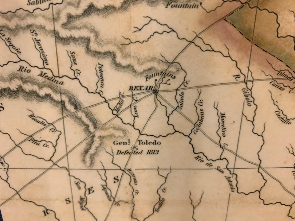 A detail from Stephen F. Austin's map shows the site for the Aug. 18, 1813, Battle of Medina on the old Laredo road. The fight was between the republican forces of the Gutiérrez-Magee expedition under Gen. José Álvarez de Toledo y Dubois and a Spanish royalist army under Gen. Joaquín de Arredondo.