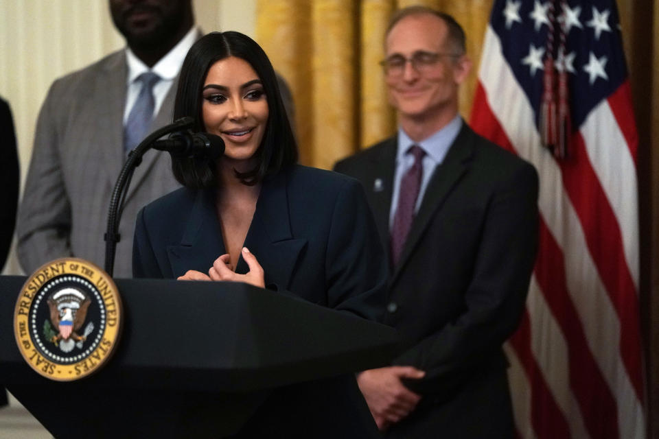 Kim Kardashian looked the business on her third White House visit [Photo: Getty]    