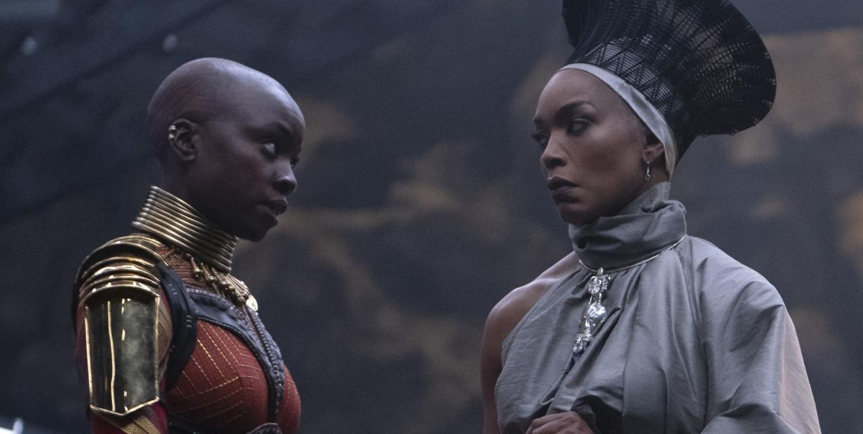 l r danai gurira as okoye and angela bassett as ramonda in marvel studios' black panther wakanda forever photo by eli adé © 2022 marvel