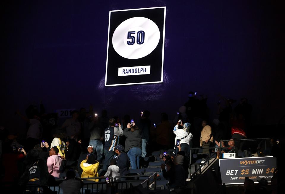 Former Memphis Grizzlies great Zach Randolph is celebrated during his jersey retirement ceremony, the first in franchise history, at FedExForum on Saturday, December 11, 2021. 