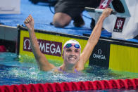 Regan Smith celebrates after winning the women's 200-meter backstroke event at the U.S. national championships swimming meet in Indianapolis, Wednesday, June 28, 2023. (AP Photo/Michael Conroy)